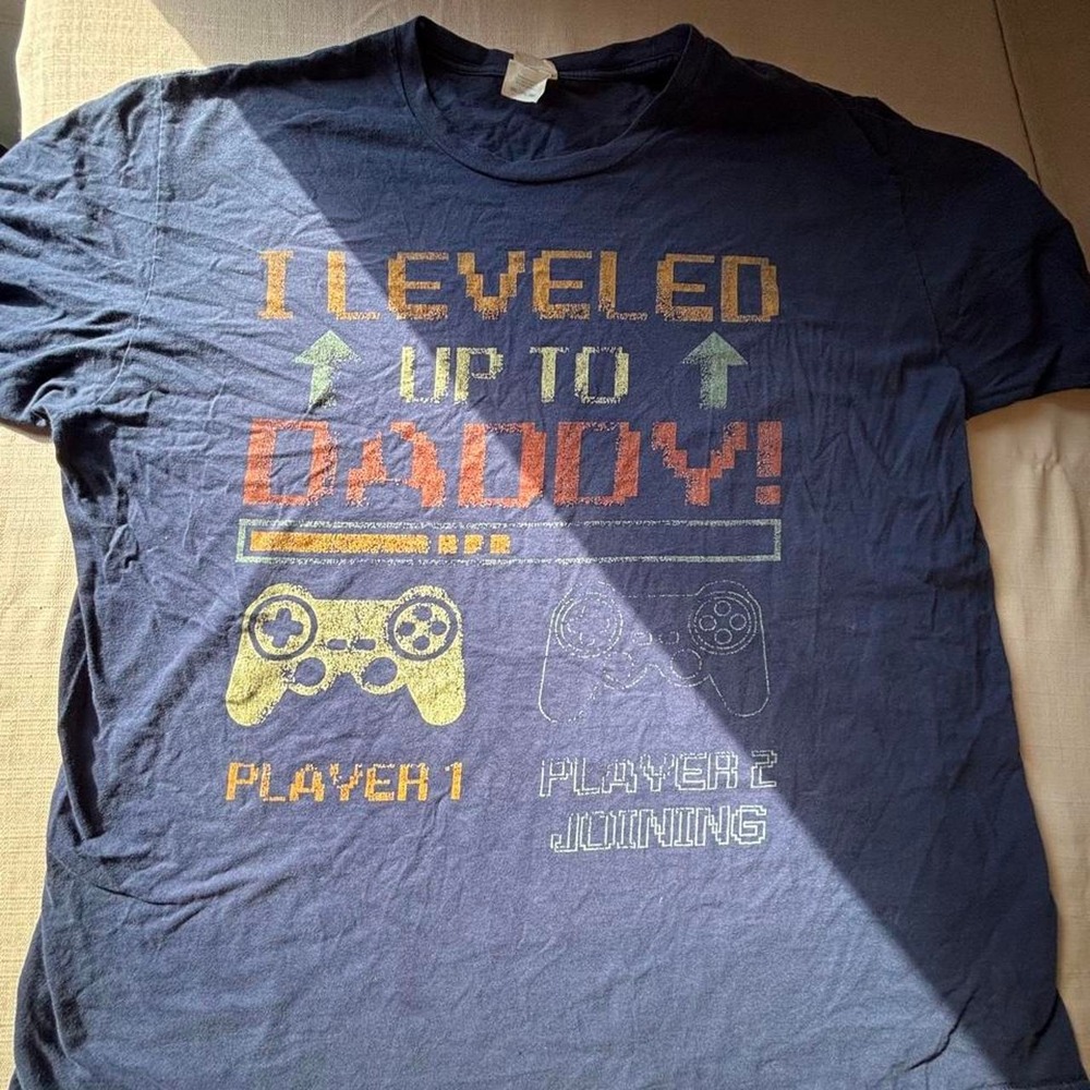 I Leveled Up to Daddy Gaming Graphic T-Shirt Mens 2XL Navy Blue Cotton Tee